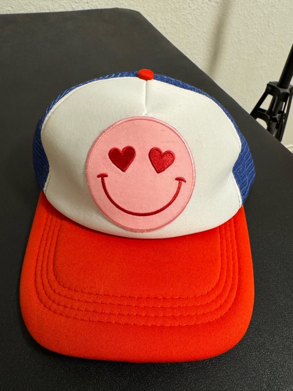 Patriotic Red, White & Blue Trucker Hat with Smiley Heart Eyes